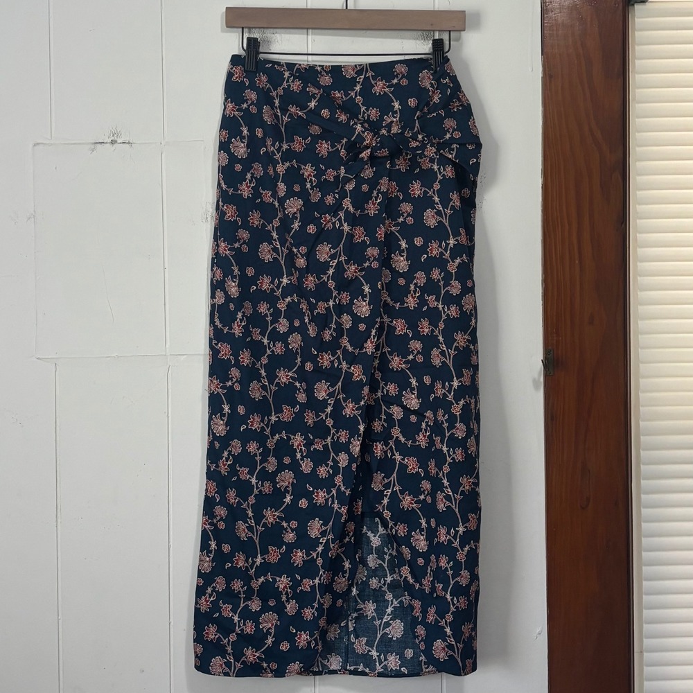 Future Collective Jenny K Lopez Blue Floral Wrap Midi Skirt Size 2 Cotton Tie